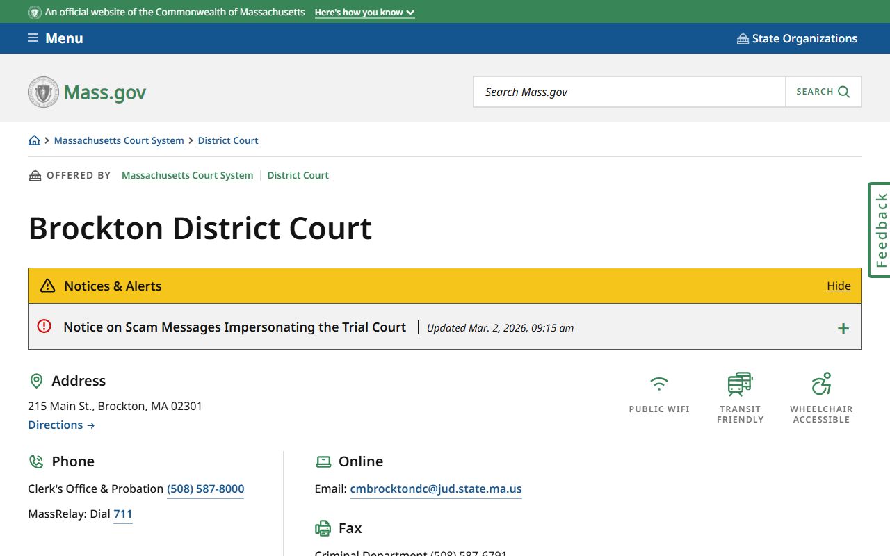 Brockton District Court page for court docket records