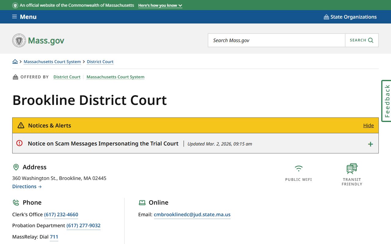 Brookline District Court page on mass.gov