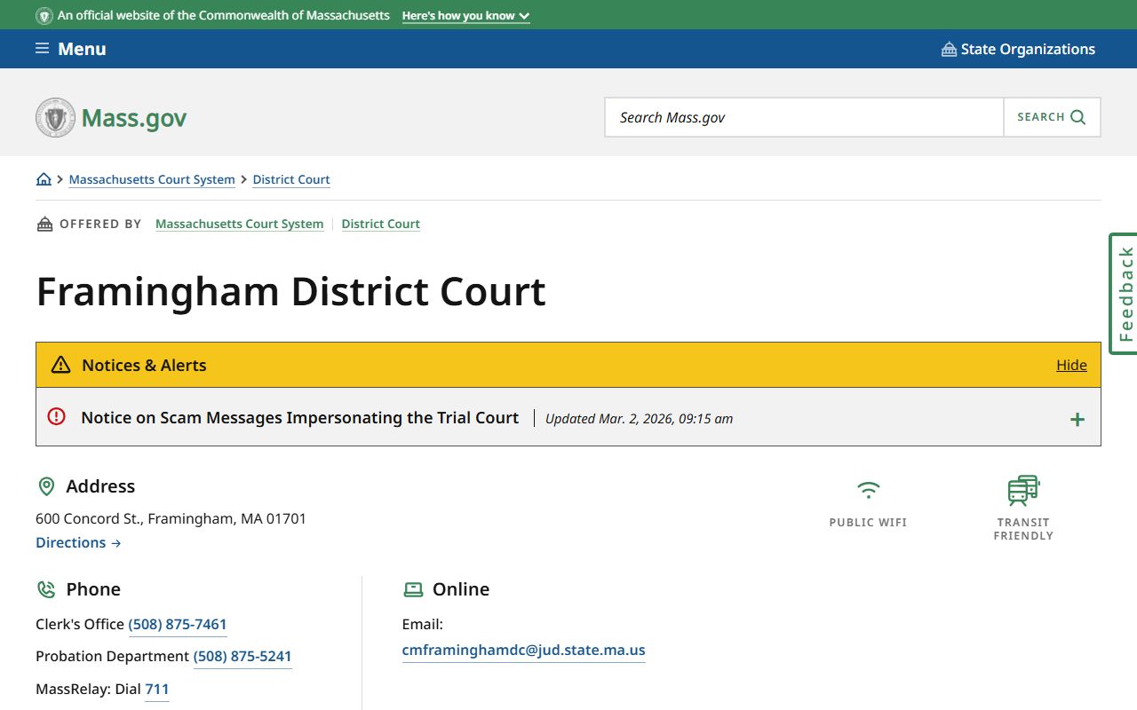 Framingham District Court location page showing address and contact information