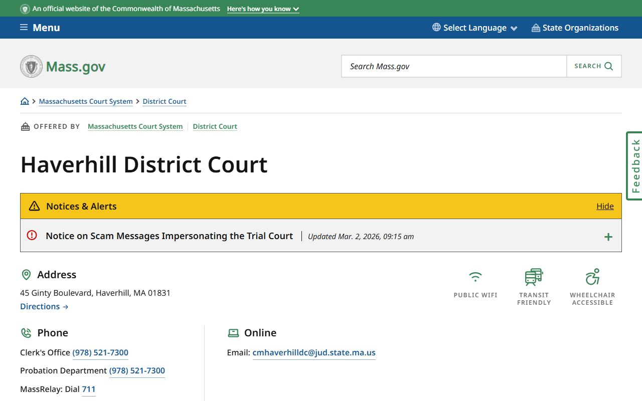 Haverhill District Court location page showing courthouse address and contact details