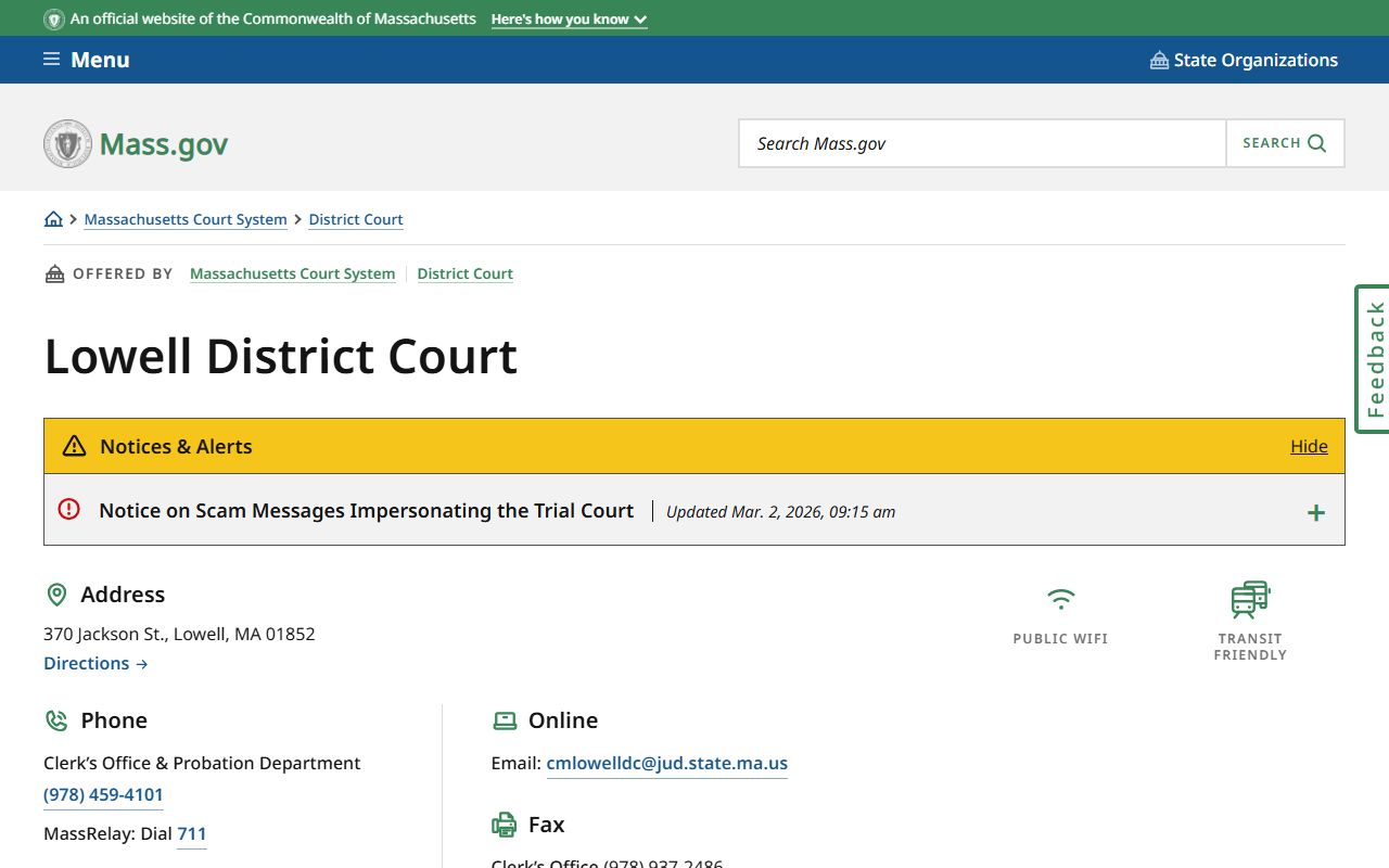 Lowell District Court page for court docket records