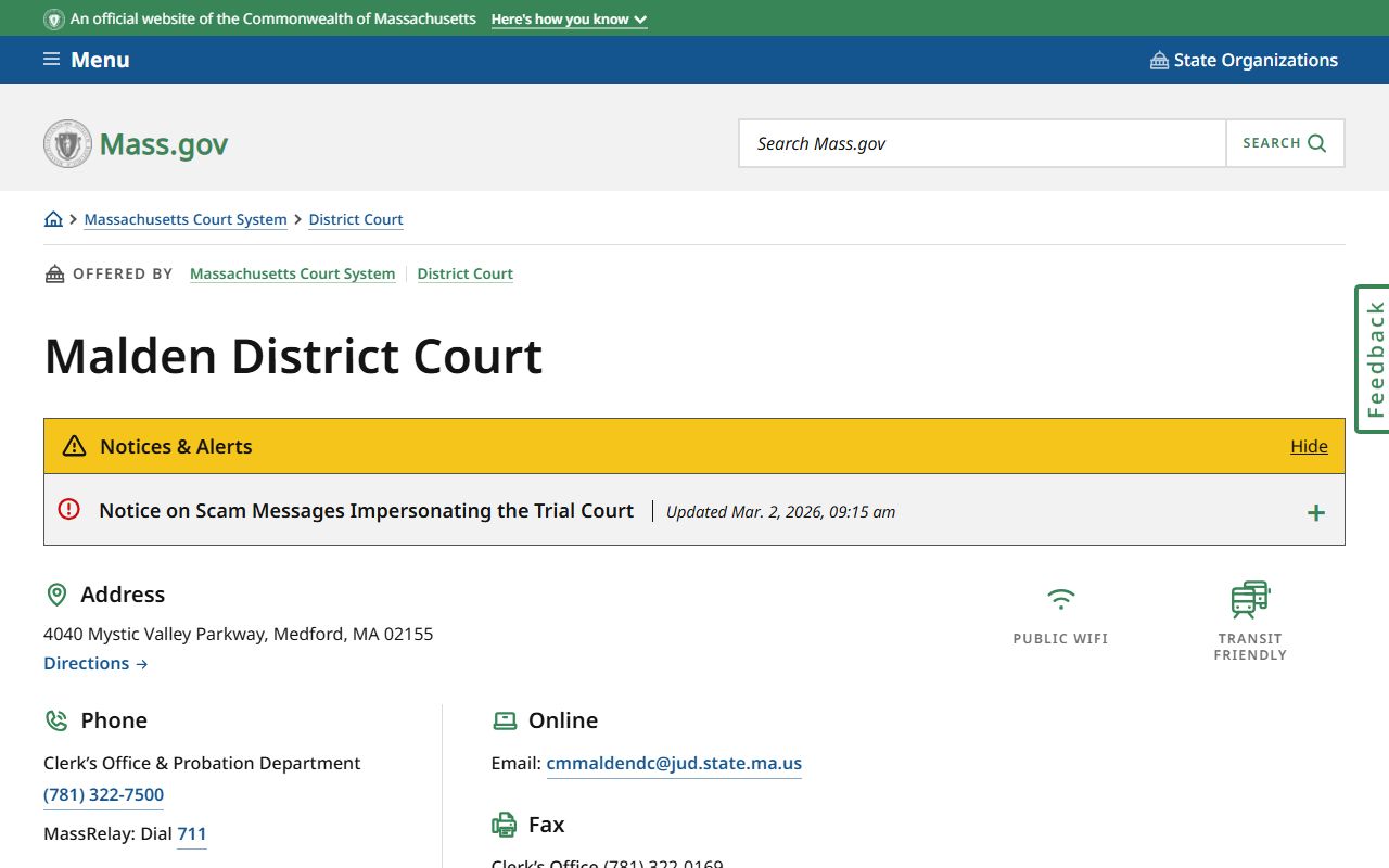 Malden District Court location page at mass.gov showing address and hours