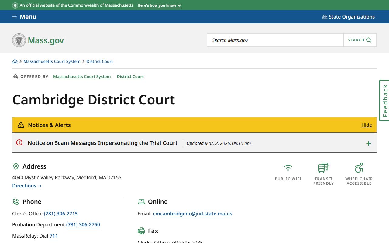 Cambridge District Court page on mass.gov, located in Medford