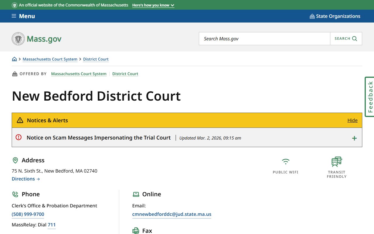 New Bedford District Court docket records page