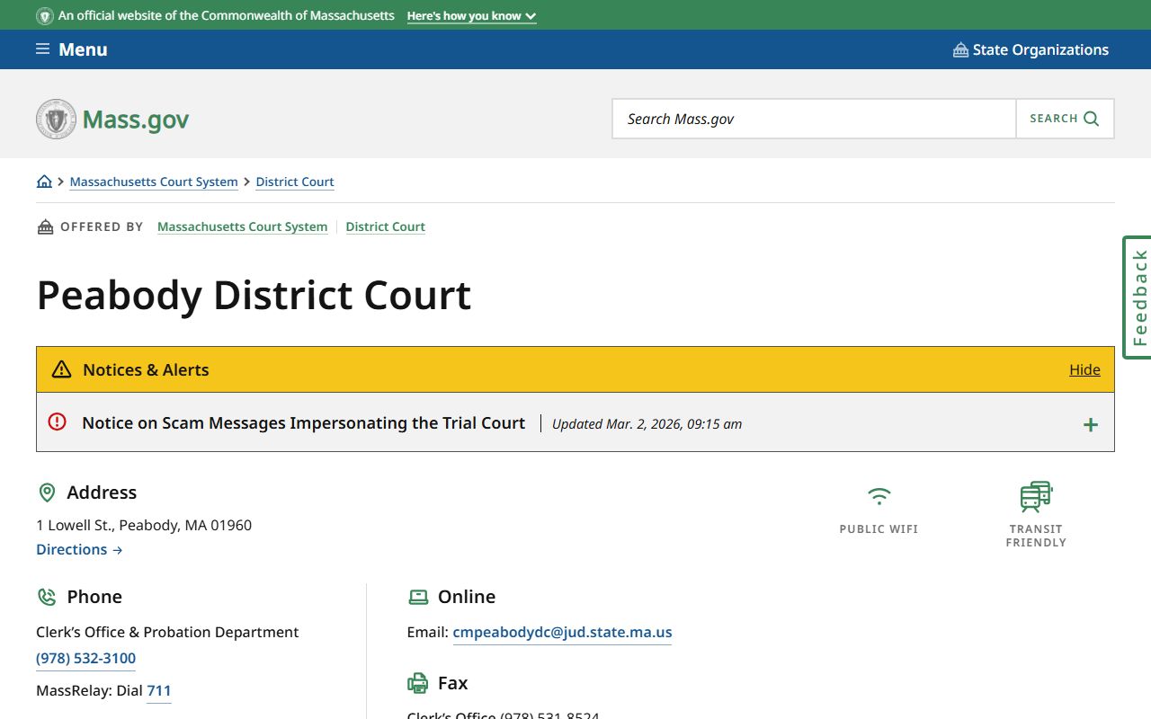 Peabody District Court page on mass.gov