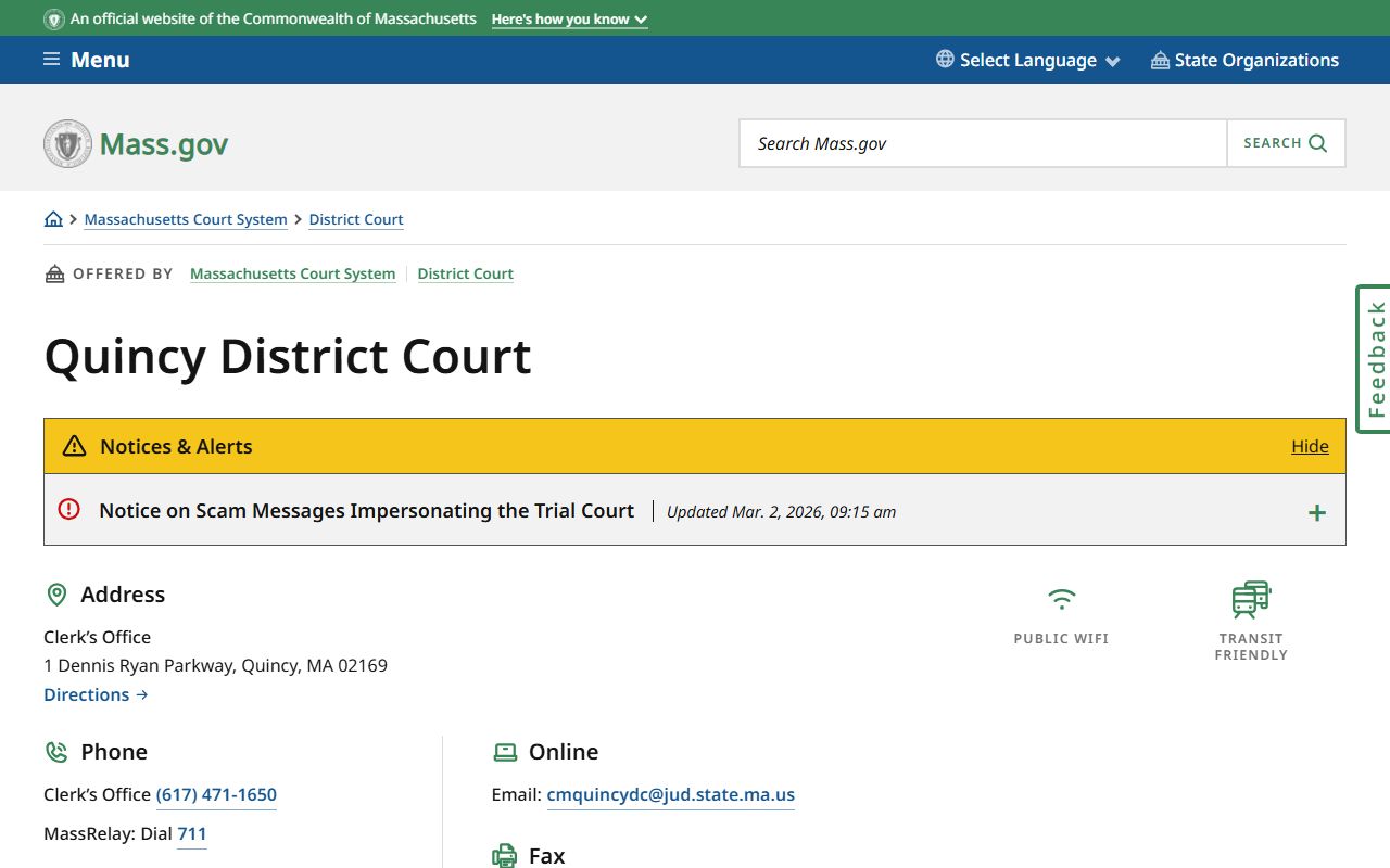Quincy District Court docket records search page