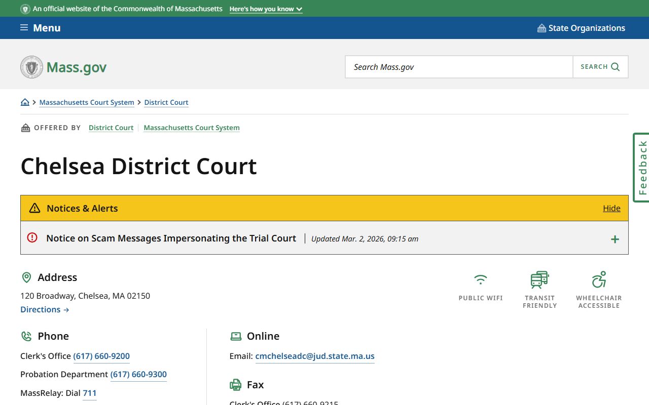 Chelsea District Court page on mass.gov serving Revere