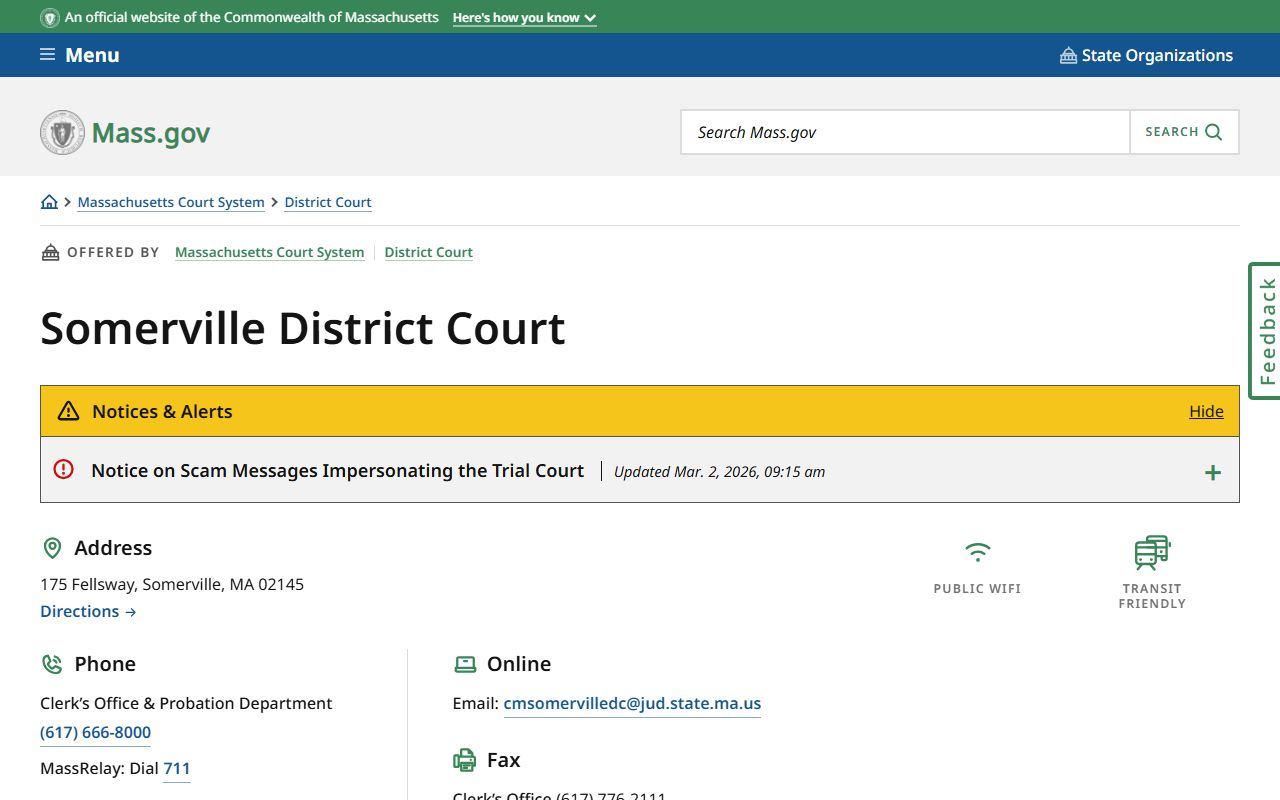 Somerville District Court location page showing address and hours