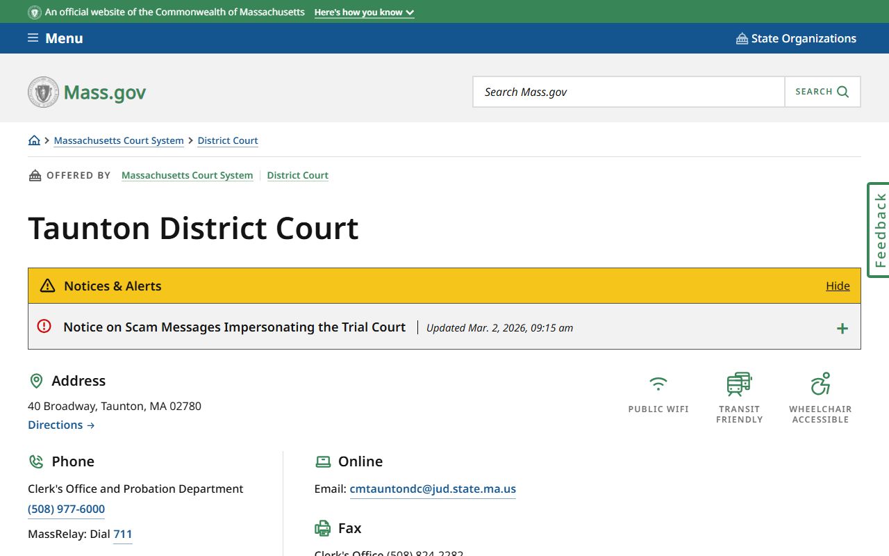 Taunton District Court page on mass.gov