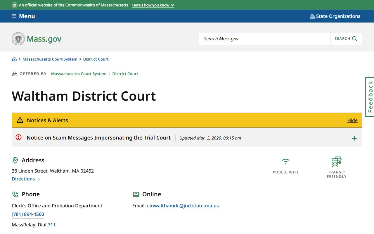 Waltham District Court location page at mass.gov showing address and hours
