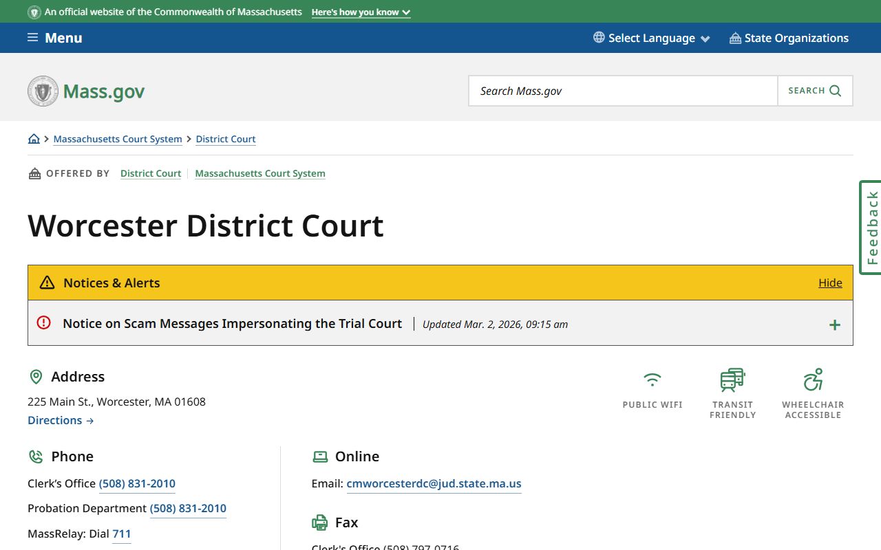 Worcester District Court page for court docket records