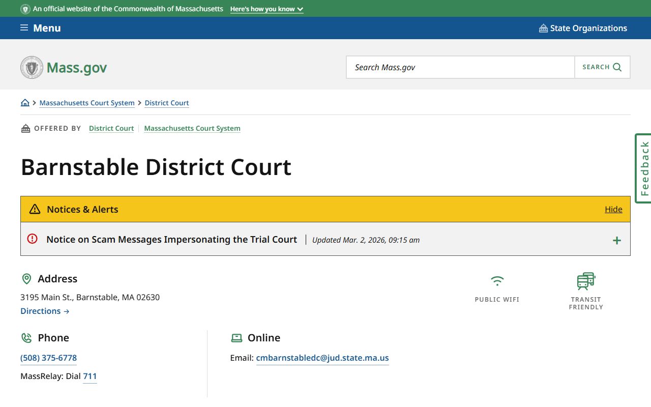 Barnstable District Court page for Barnstable County court docket access