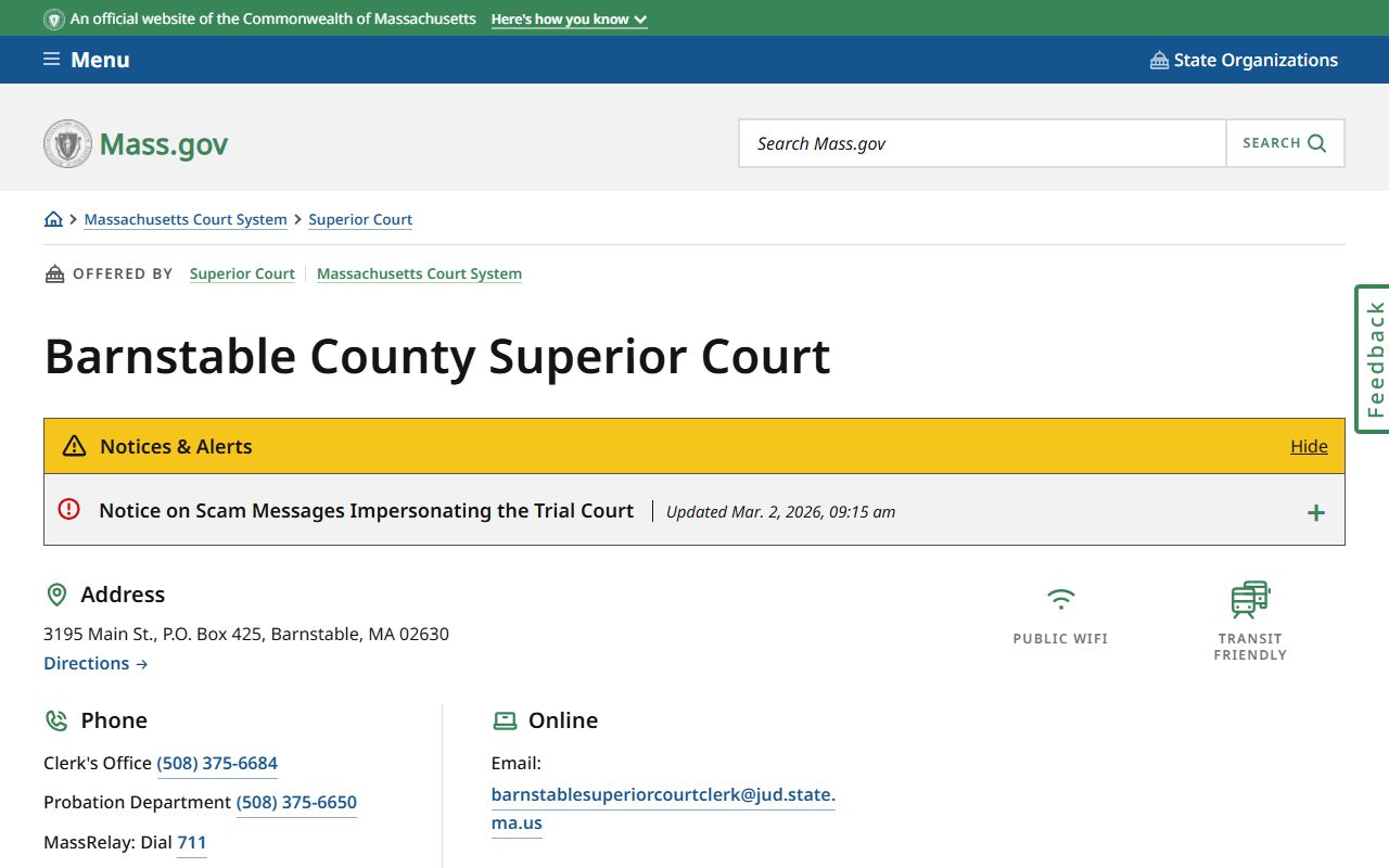 Barnstable Superior Court page showing Barnstable County court docket information