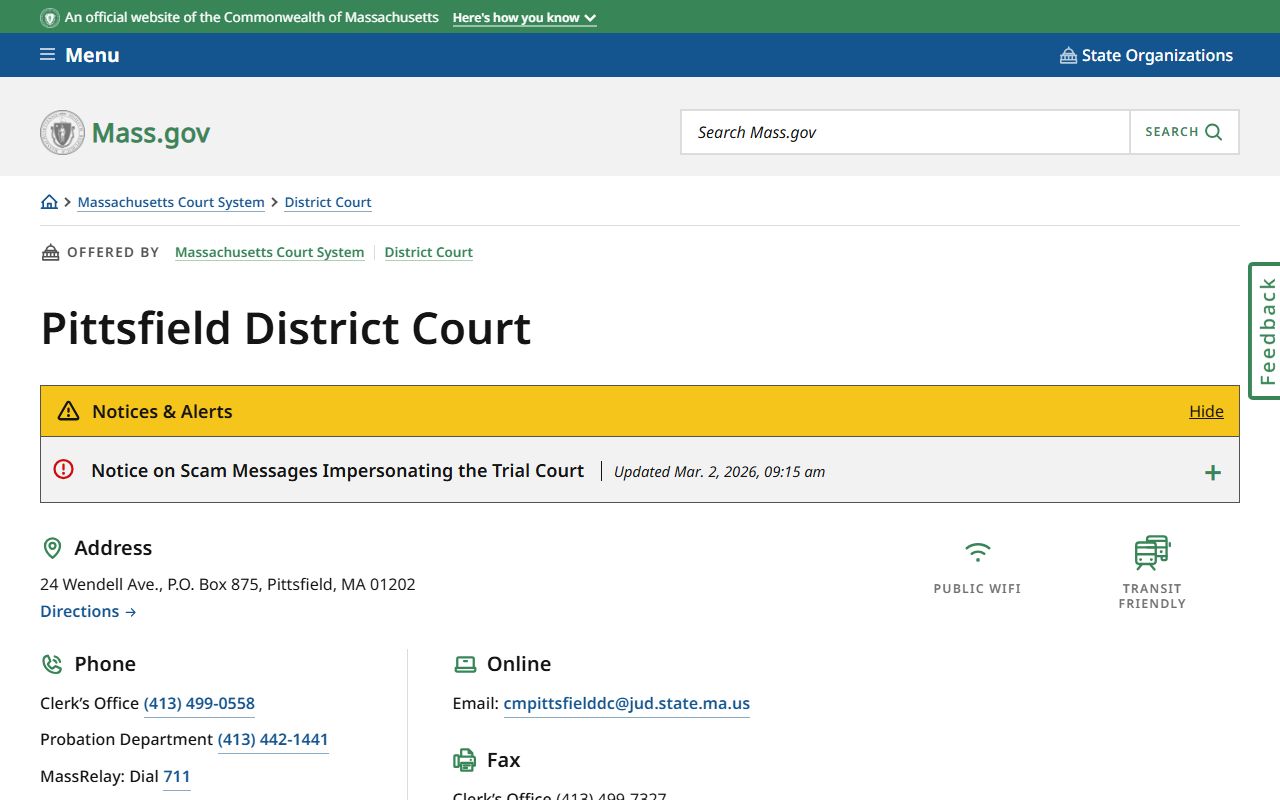Pittsfield District Court page on mass.gov showing Berkshire County court information