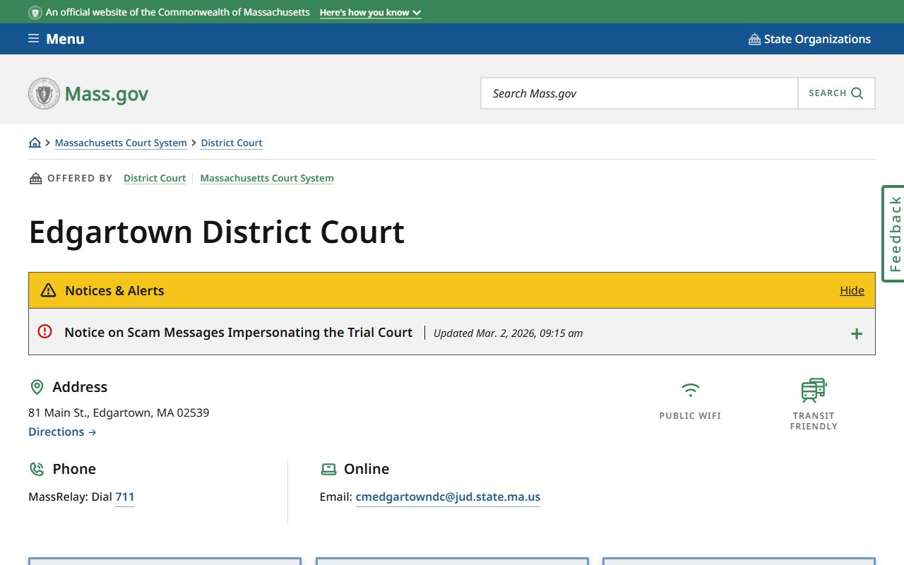 Edgartown District Court page on mass.gov showing Dukes County court information