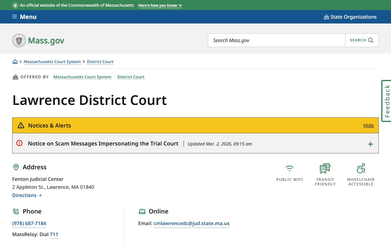 Lawrence District Court location page for Essex County