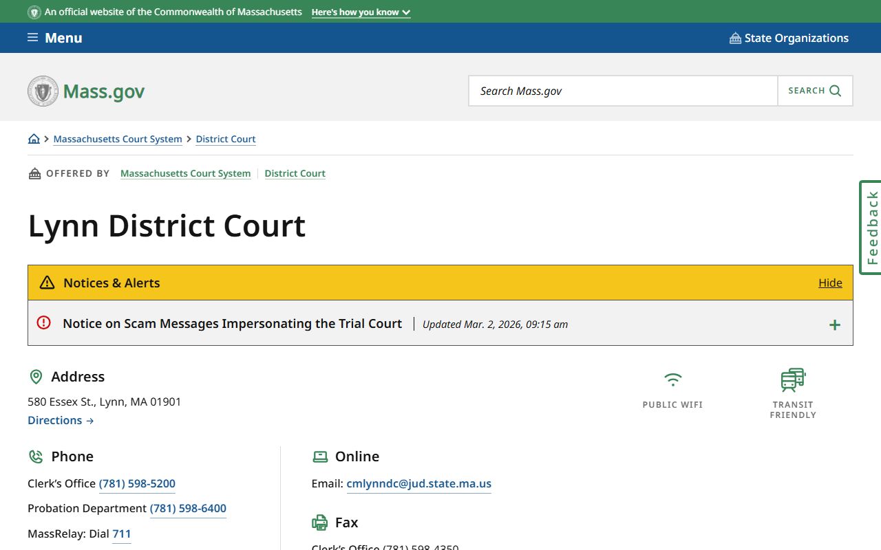 Lynn District Court location page for Essex County
