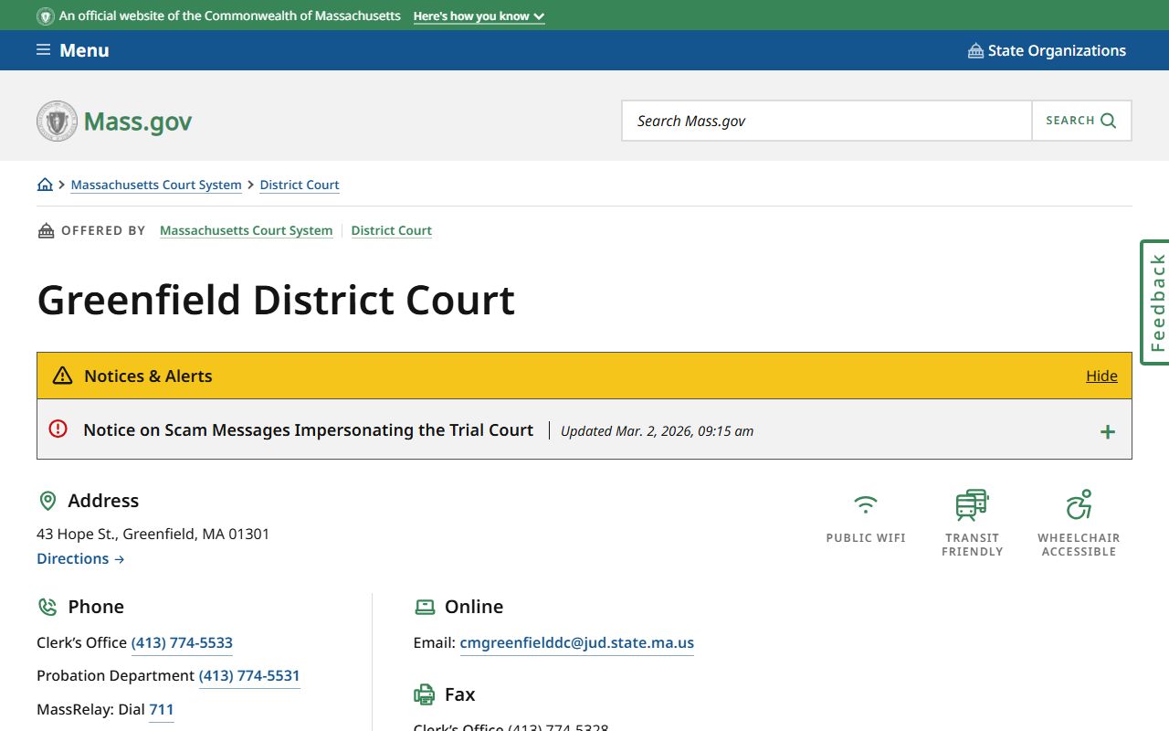Greenfield District Court page on mass.gov showing Franklin County court information