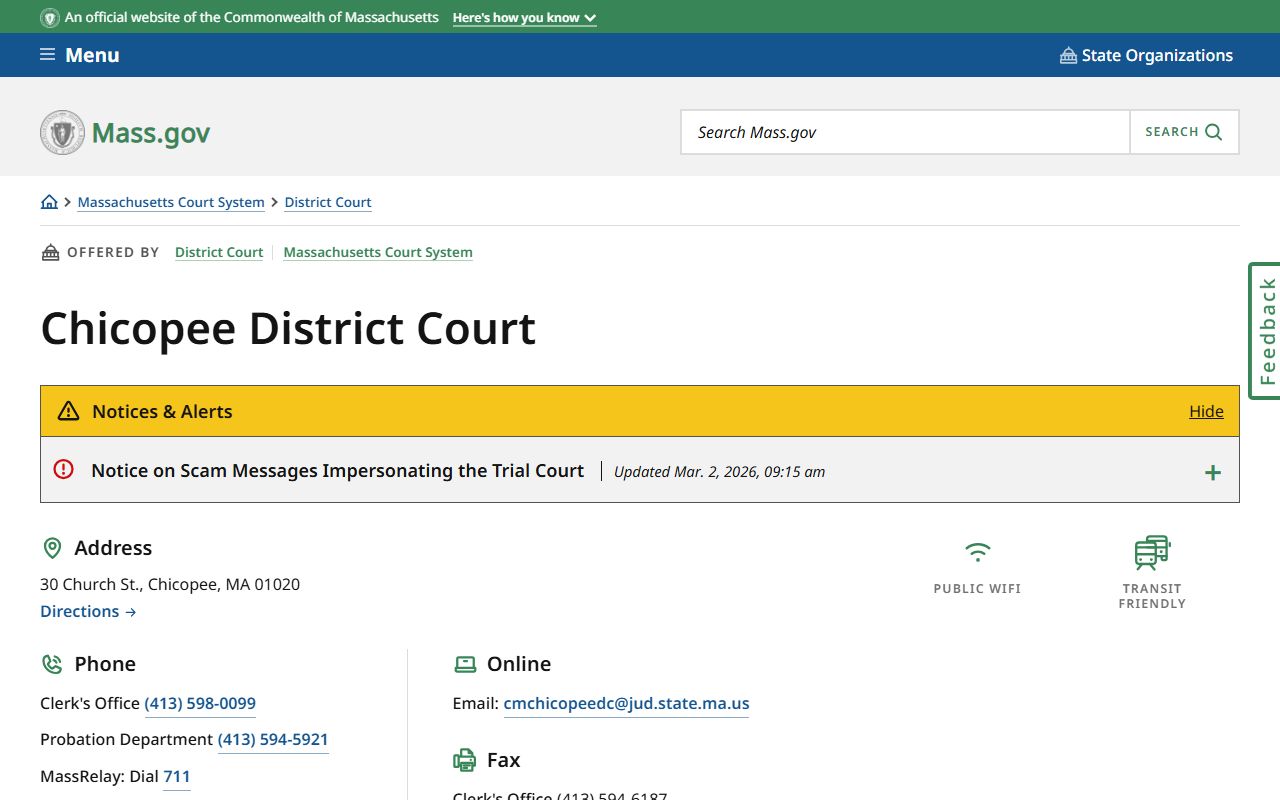 Chicopee District Court page for Hampden County court docket records