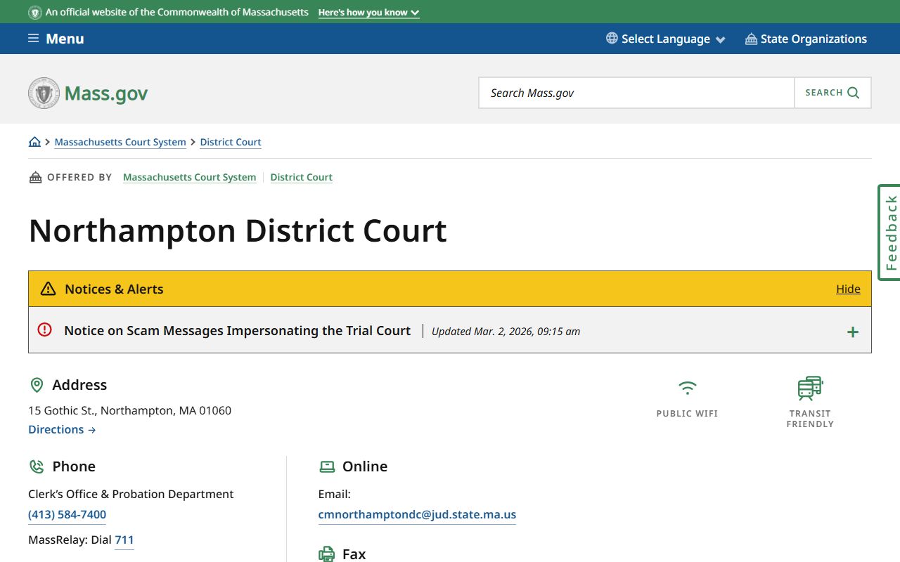 Northampton District Court page showing Hampshire County court docket information