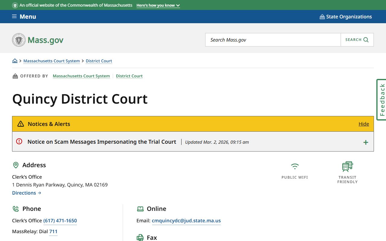 Quincy District Court location page for Norfolk County