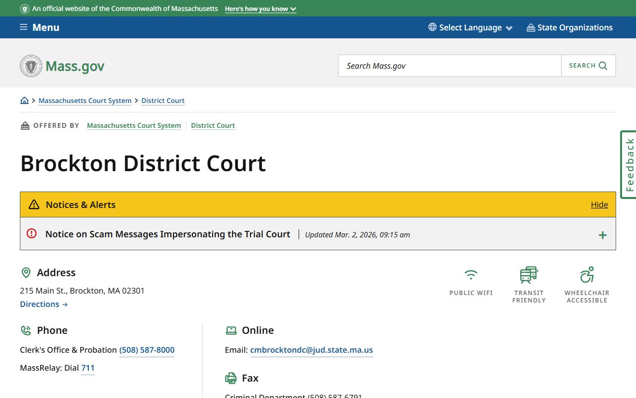 Brockton District Court page showing Plymouth County court docket information