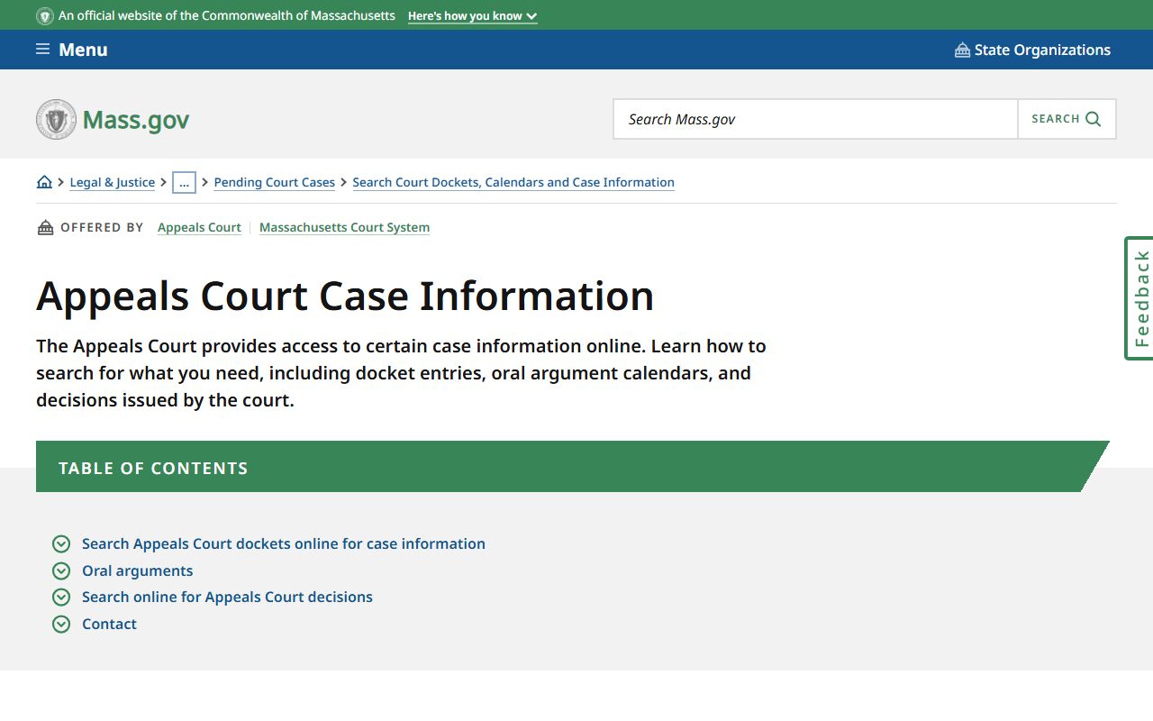 Massachusetts Appeals Court case information page showing Suffolk County appellate docket access