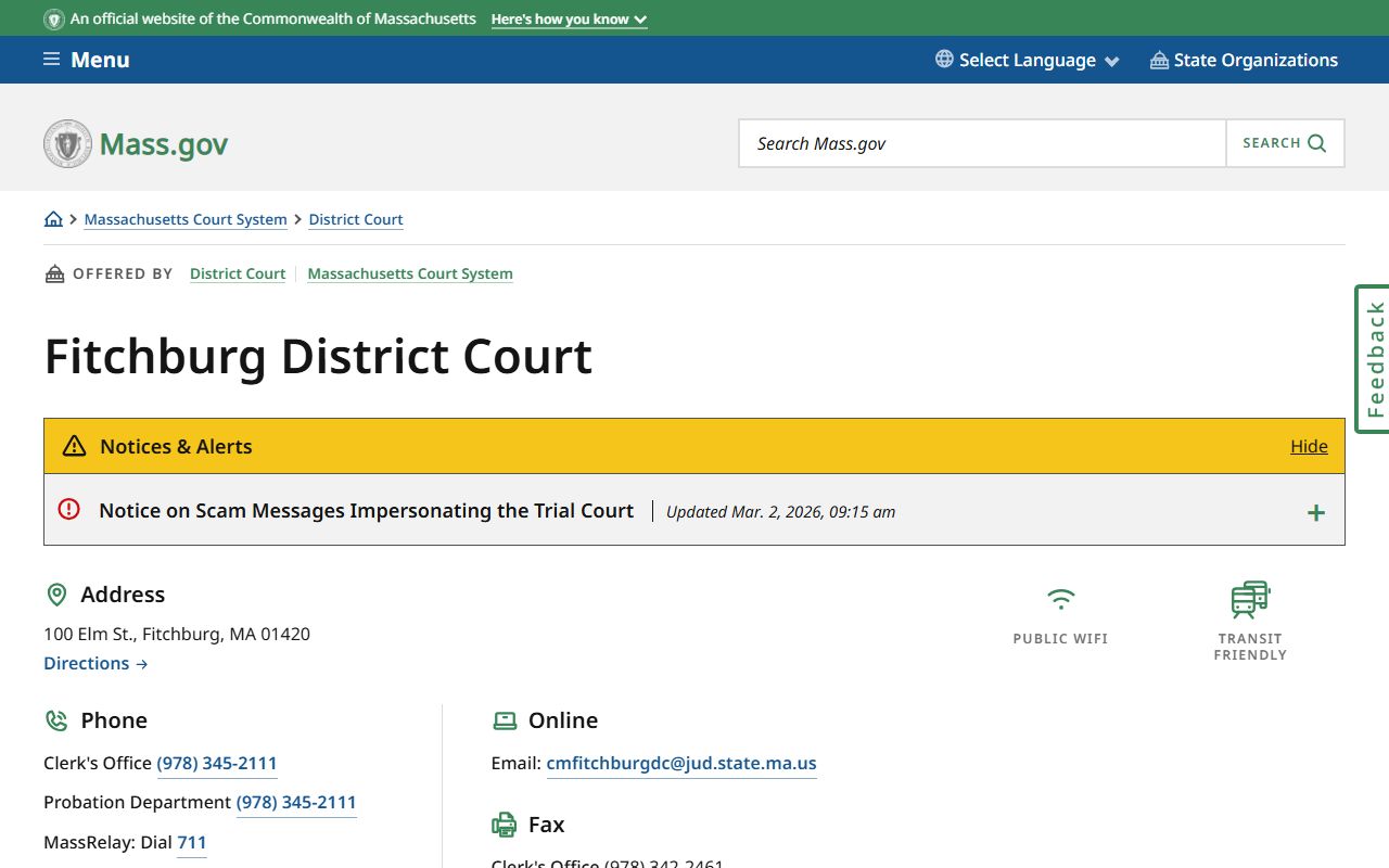 Fitchburg District Court location page for Worcester County
