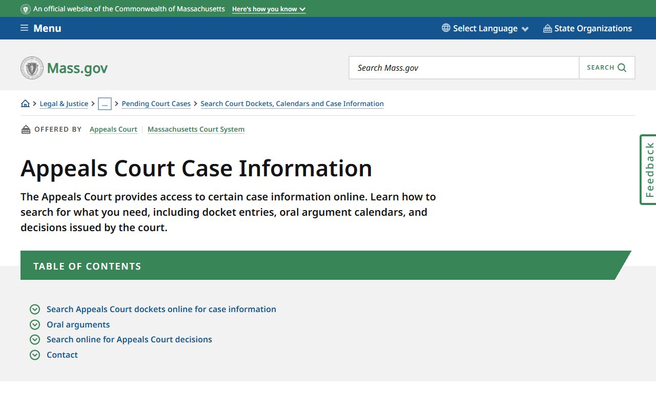 Massachusetts Appeals Court case information for court docket records