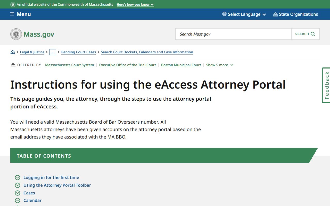 Massachusetts eAccess attorney portal instructions for court docket access