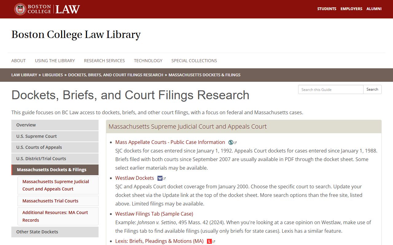 Boston College Law Library guide to Massachusetts court docket records