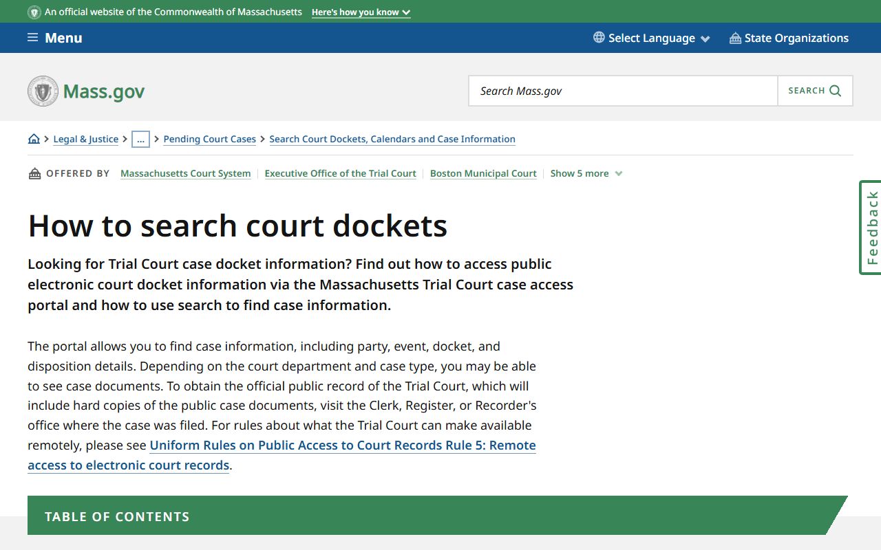 Massachusetts guide on how to search court dockets