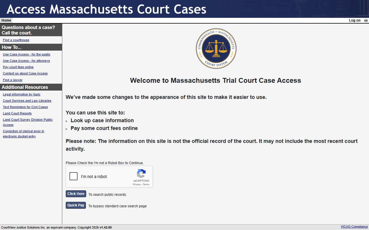 Massachusetts eAccess portal homepage for court docket records