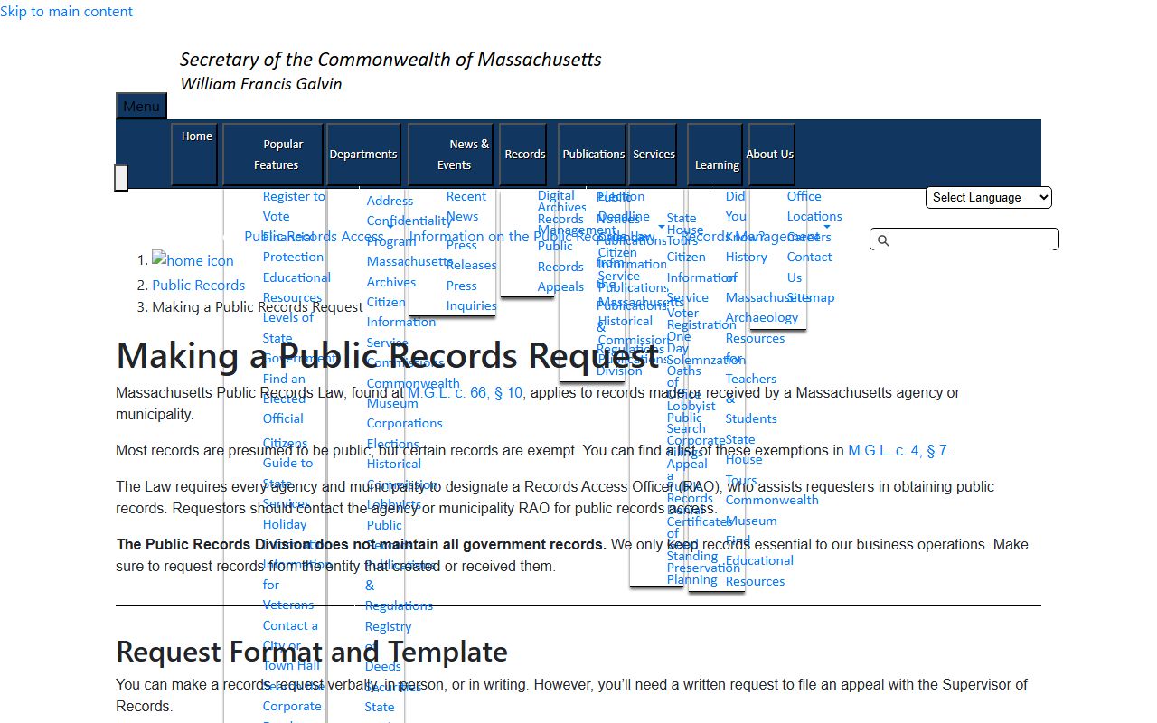 Massachusetts public records request template for court docket copies
